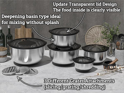 Mixing Bowls with Lids Set - Non-Slip, Airtight Warp-Proof TPR-AS Lids, Thicker Stainless Steel Bowls, Measurement Lines & 3 Graters, Prep Meal Bowl, Black Nesting Bowl for Kitchen, 5/3/2/1.5/0.63QT8