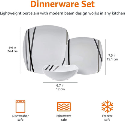 Square Dinnerware Set for 6, Plates and Bowls for Kitchen, 18-Piece, Dishwasher and Microwave Safe, Modern Beams6