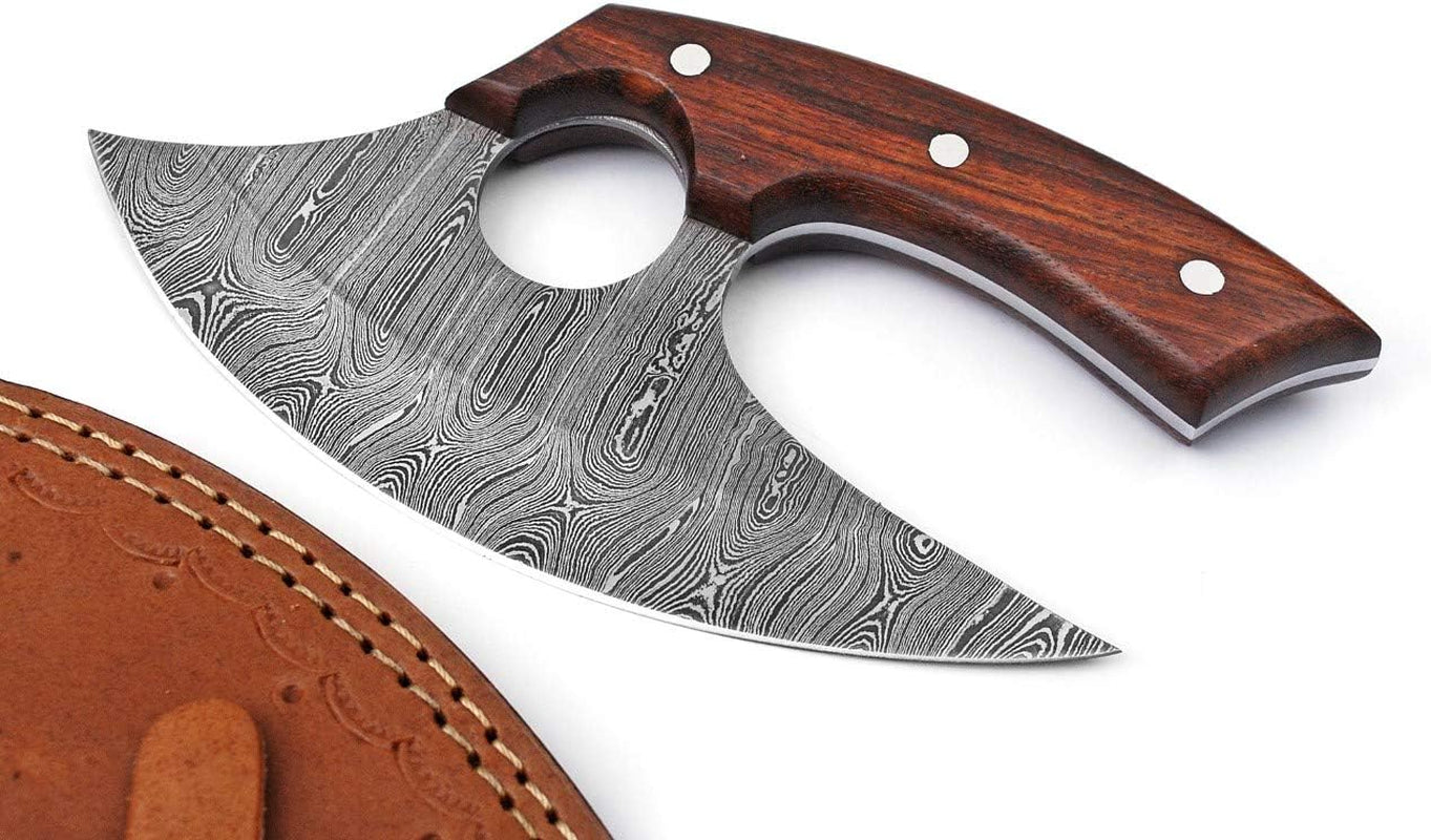 handmade-damascus-steel-ulu-knife-fixed-blade-knife-for-chopping-boning-slicing-cutting-solid-rose-wood-handle-with-leather-sheath-wood-steel