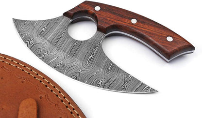Handmade Damascus Steel Ulu Knife - Fixed Blade Knife for Chopping Boning Slicing Cutting ,Solid Rose Wood Handle with Leather Sheath, Wood,Steel1