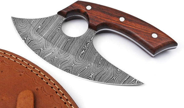 Handmade Damascus Steel Ulu Knife - Fixed Blade Knife for Chopping Boning Slicing Cutting ,Solid Rose Wood Handle with Leather Sheath, Wood,Steel1