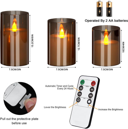 Flameless Candles 4" 5" 6" Acrylic Glass Pillars 3" Diameter Battery Operated Flickering Candles Include 8-Key Remote with Timer Function 400+ Hours (Gray, Warm Light 3 Pack)6