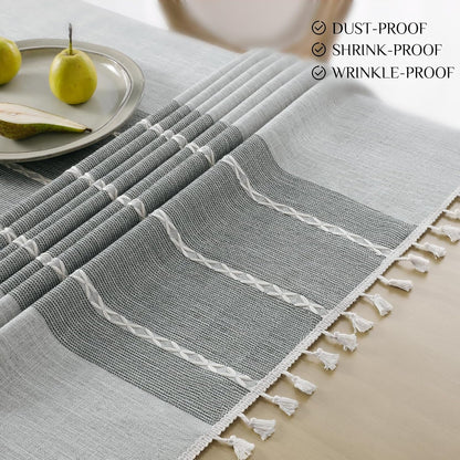 Outdoor Linen Tablecloth Rectangle, Waterproof Cotton Boho Farmhouse Table Cloths with Tassel, Heavy Weight Wrinkle Free Table Cover for Picnic Camping Dining - 55 X 70 Inch, Grey Lines4