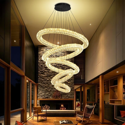 Large LED 5 Ring Chandelier for High Ceiling Modern Long Crystal Chandelier Lighting Ceiling Chandeliers for Staircase Foyer, Black D8''+15.7"+23.6"+31.5"+39.4"1
