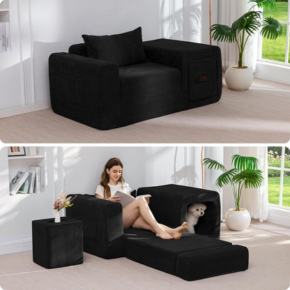 Folding Sofa Couch, Convertible Floor Sofa with Armrest, Multifunctional Sofa with Pillow and Pockets, Boneless Couch for Living Room, Black1