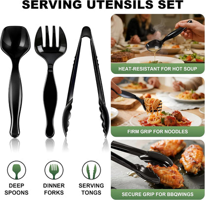 36Pcs Disposable Plastic Serving Utensils Set, 12 Black Spoons, 12 Forks, 12 Tongs, 9-Inch for Party Buffet Catering Events, Heavy Duty and Ergonomic Design4