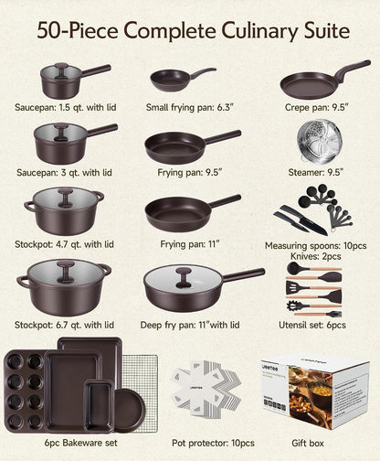 50-Piece Titanium Pots and Pans Set Nonstick with 6Pc Bakeware | Cookware Sets for New Home Cooking, Healthy Pot and Pan Set Induction & Oven & Dishwasher Safe, PTFE & PFAS Free, with Lid2