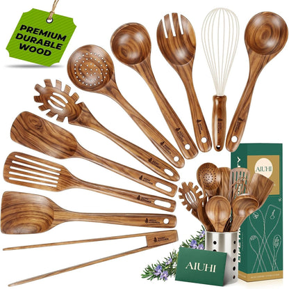 11-Piece Natural Teak Wood Kitchen Utensil Set with Holder, Wooden Spoons and Cooking Utensils for Nonstick Cookware, Includes Spatulas, Ladle and Whisk1