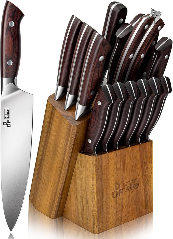 16-Piece Kitchen Knife Set, High-Carbon Stainless Steel, Pakkawood Handles | Ultra-Sharp Knife Block Set with Ergonomic Full-Tang Handles, Professional Knife Set with Block and Sharpener for Gifting1