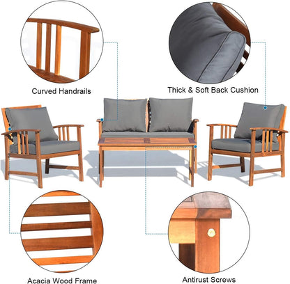 4 Pieces Acacia Wood Patio Furniture Set, Outdoor Seating Chat Set with Gray Cushions & Back Pillow, Conversation Set with Coffee Table, Ideal for Garden, Backyard, Poolside7