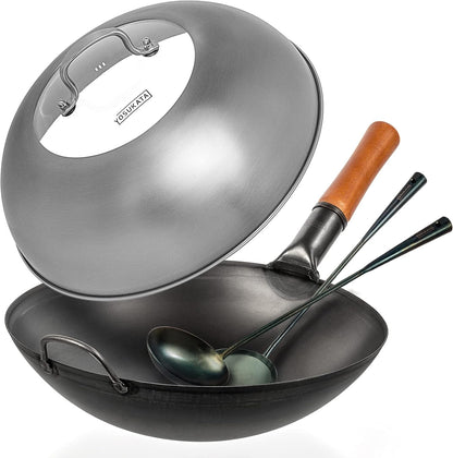 Black Carbon Steel Wok Pan 14" (Round Bottom) with Lid 13.6 Inch - Premium Stainless Cover + Pre-Seasoned - Blue Carbon Steel 17-Inch Spatula, Ladle, 3 Pairs of Chopsticks1