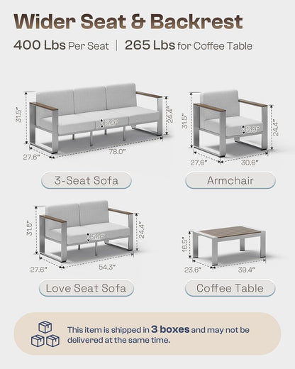 Outdoor Furniture Set, 4 Piece Aluminum Patio Furniture Set with Coffee Table, Wide Seat and Thick Cushions, Outdoor Patio Conversation Sets for Deck, Porch (Lightgray)7