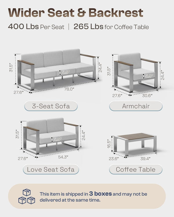 Outdoor Furniture Set, 4 Piece Aluminum Patio Furniture Set with Coffee Table, Wide Seat and Thick Cushions, Outdoor Patio Conversation Sets for Deck, Porch (Lightgray)7