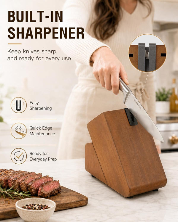Knife Set 15 Piece German Steel Kitchen Knife Block Set | Wooden Block, Built-In Sharpener, One-Piece Design, Razor Sharp, Rust-Resistant, 6 Steak Knife, Full Tang, for Cooking & Gift4