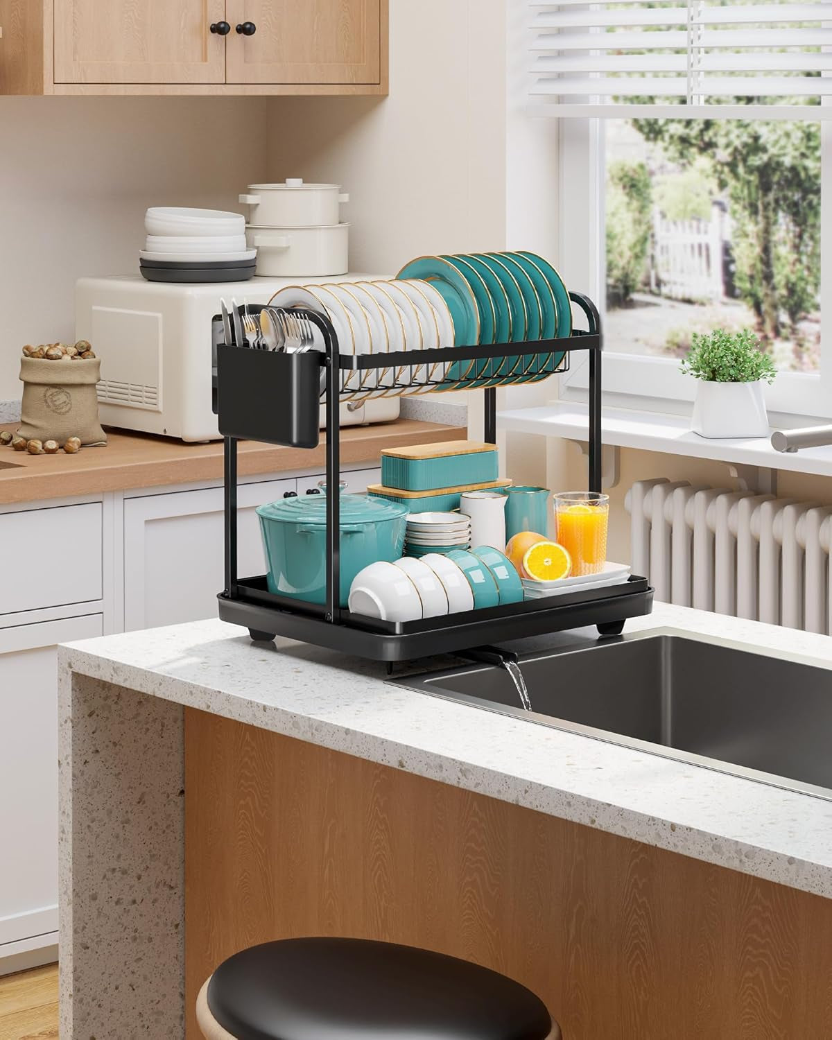 2-tier-dish-drying-rack-stainless-steel-dish-rack-with-cutlery-utensil-holders-for-kitchen-counter-sink-organization-and-storage-for-small-family-15-w-x-11-4-l-x-15-h-black