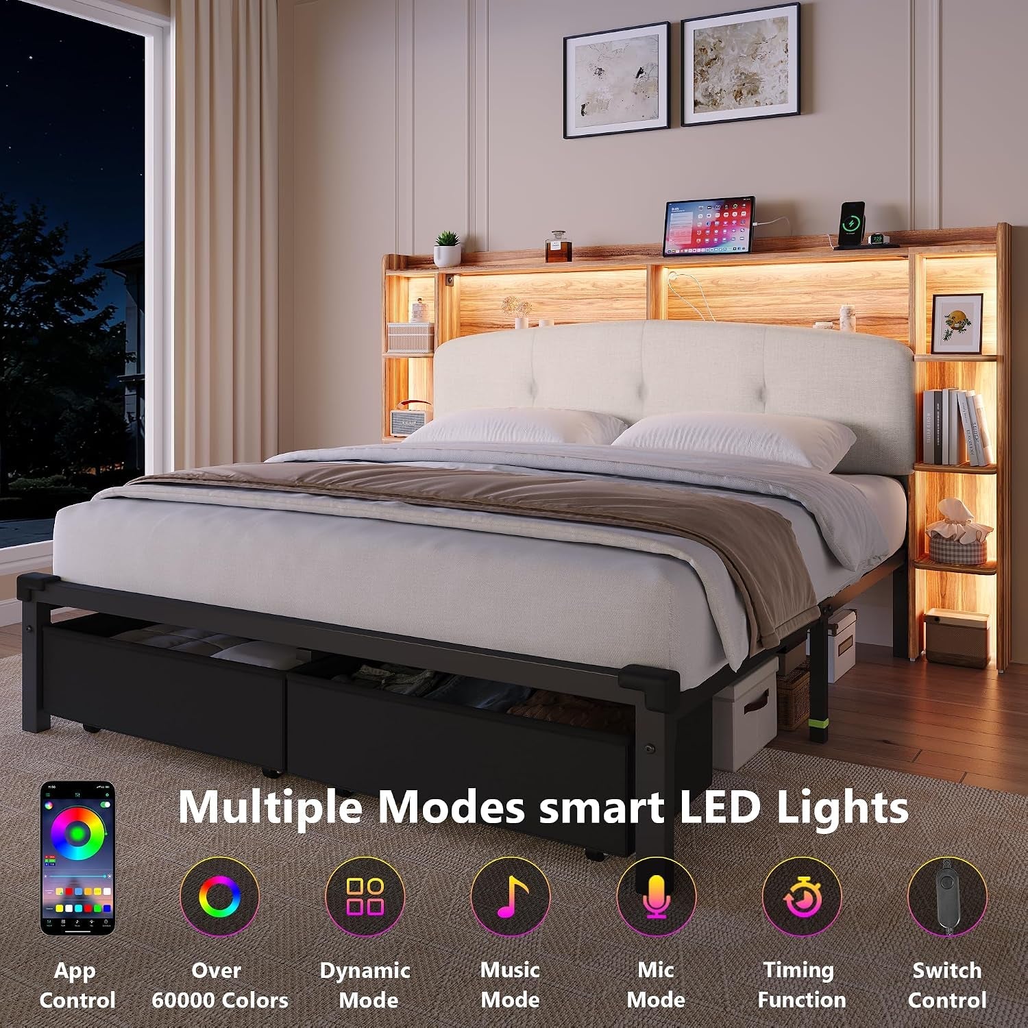 queen-size-bed-frame-with-storage-upholstered-headboard-2-fabric-drawers-charging-station-rgb-led-lights-metal-platform-bed-no-box-spring-needed-rustic-brown