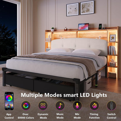 Queen Size Bed Frame with Storage & Upholstered Headboard, 2 Fabric Drawers, Charging Station & RGB LED Lights, Metal Platform Bed, No Box Spring Needed, Rustic Brown6