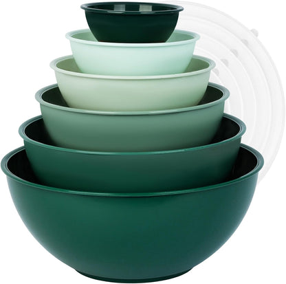 BPA Free Plastic round Mixing Bowl with Lids, 12 Pack Nesting Bowls with Lids Set, Microwave and Dishwasher Safe Prep & Serving Bowls Great for Mixing, Baking, Serving (Green, 12Pcs)1