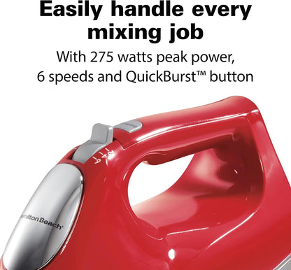 6-Speed Electric Hand Mixer with Quickburst and Bowl Rest | 275 Watt Motor | Traditional Beaters | Whisk | Dough Hooks | Snap-On Storage Case | Red | 62633G2