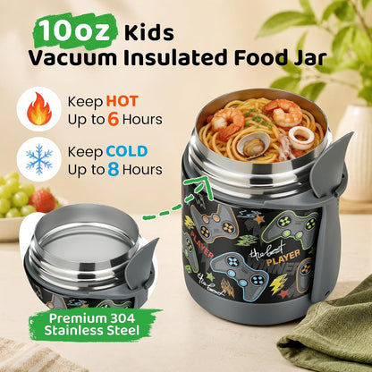 10Oz Soup Thermo for Hot Food Kids Insulated Food Jar,Thermo Hot Food Lunch Container, Width Mouth Stainless Steel Lunch Box for Kids with Spoon (Black-Gamepad)2