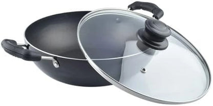 Kadai with Glass Lid All Purpose Pan Nonstick Coating Kadhai Deep Stir Fry for Gas and Induction Cooktop Aluminium Skillet Wok (3Mm) 2.2 Ltr Diameter 9.5 Inch2