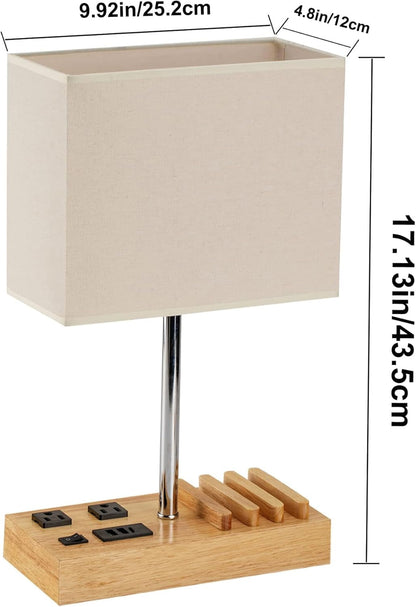 USB Table Lamp, Multi-Functional Desk Lamp with 2 AC Outlets, Bedside Lamp with 3 USB Charging Ports and Wooden Phone Stands, Nightstand Lamp for Bedroom, Livingroom, Office, Natural Wood7