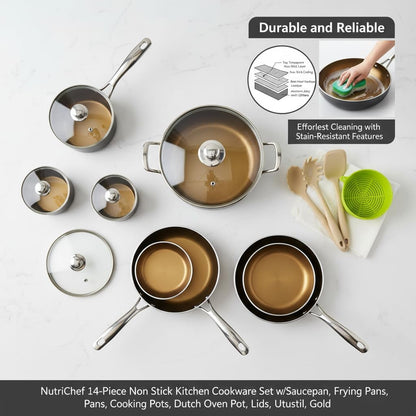 14-Piece Non Stick Kitchen Cookware Set W/Saucepan, Frying Pans, Cooking Pots, Dutch Oven Pot, Lids, Utensil, Gold5
