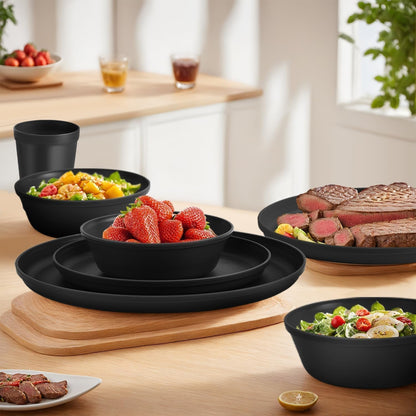 40 Piece Plastic Dinnerware Set for 8 with Cutlery, Unbreakable Plates and Bowls Set, Dishwasher & Microwave Safe Reusable Dish Set for Camping, RV, Outdoor Kitchen, Apartment Dining, Black7