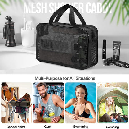 Mesh Shower Caddy Mash Shower Bag Black Portable Mesh Accessories Organizer Tote for Gym College Dorm Room (Black-Large)2