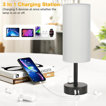 Grey Touch Table Lamps Set of 2-3 Way Dimmable Bedroom Lamps for Bedside with USB C and a Ports, Small Nightstand Lamps with AC Outlet, Desk Lamps with Black Base for Office Boys3