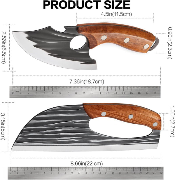 2Pcs Premium Hand Forged Kitchen Knife Set, Sharp Carbon Steel Chef Knife & Meat Cleaver, Ergonomic Non-Slip Wood Handle with Leather Sheath, for Home Cooking, Meat Veggie Cutting, BBQ Camping (C)5