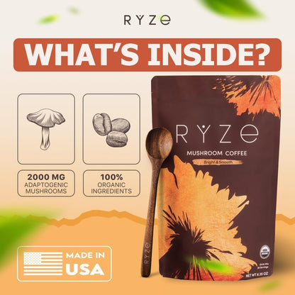 RYZE Organic Mushroom Coffee, Medium Roast, Adaptogenic Blend, 30 Servings | 6 Adaptogenic Mushrooms like Lion'S Mane, Turkey Tail & Cordyceps, Supports Energy, Focus & Immunity, Gluten Free, Vegan7
