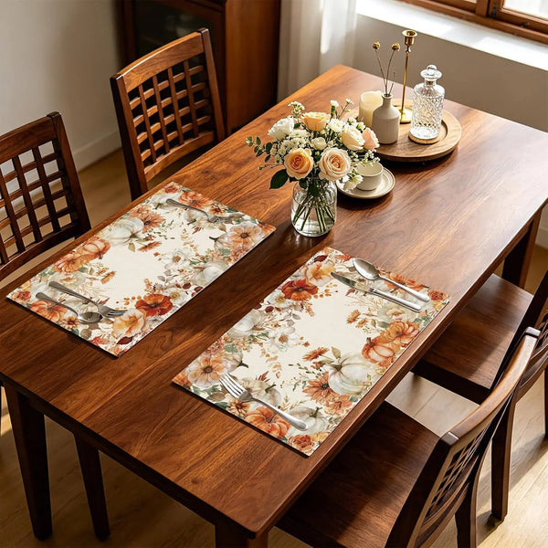 Linen Fall Placemats Set of 4-12.5 X 17 Inch Pumpkin Floral Wreath Seasonal Table Mats for Thanksgiving Dining, Home Kitchen, Outdoor Party6