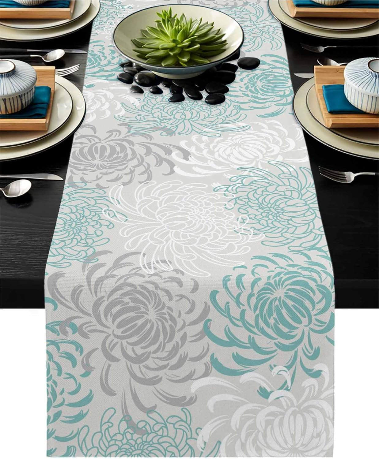 aqua-chrysanthemum-flowers-table-runner-cotton-linen-long-13x120-inches-dresser-scarves-floral-grey-tablerunner-for-kitchen-coffee-dining-end-table-bedroom-living-room-scarf-decor-for-holiday