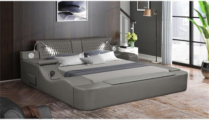 Smart Multifunctional Queen Size Bed, Wood Frame, Gray Upholstery, Massage Chaise, USB Charging, Storage Drawers, LED Lights, Bluetooth Speakers, Modern Design for Bedroom Comfort And1