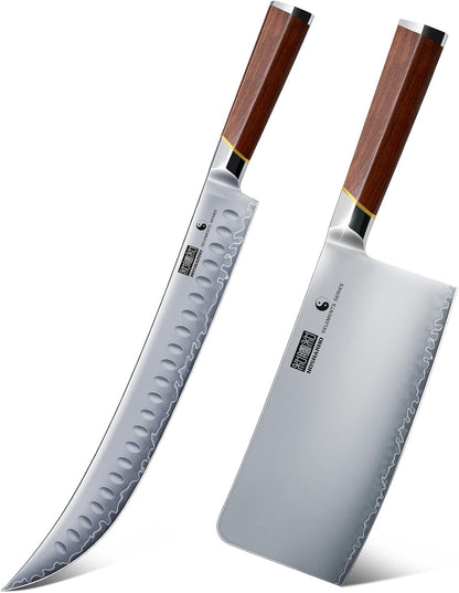 Brisket Slicing Knife 12 Inch & Cleaver Knife 7 Inch, Razor Sharp Japanese High Carbon Steel Meat Cleaver, Professional Curved Carving Knives for Meat, BBQ1