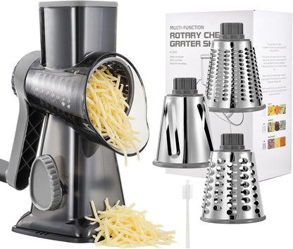 Rotary Cheese Grater Manual Hand Crank 3-In-1 Vegetable Shredde | Finger-Safe Design, Stainless Steel Drums, Suction Base. Perfect for Cheese, Vegetables, Nuts & Chocolate. Easy to Clean1