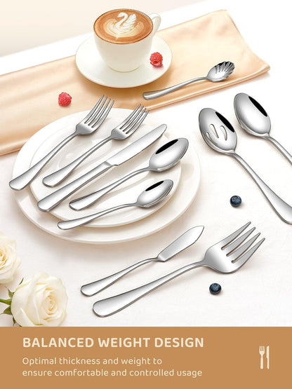 45 Piece Silverware Set for 8 with Serving Utensil Set, Food-Grade Stainless Steel Flatware Set Include Forks Spoons Knives, Dishwasher Safe for Home Hotel Restaurant Wedding, Mirror Polished3