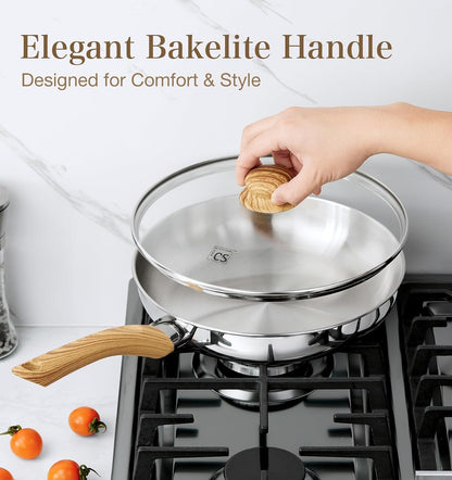Stainless Steel Pan 10 Inch, Tri-Ply Bottom Stainless Steel Frying Pan with Heat-Resistant Bakelite Handle, 10 Inch Skillet with Lid for Cooking, Induction Compatible Steel Pan3