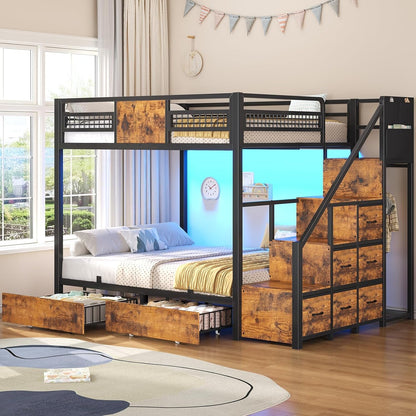 Bunk Bed Full over Full with Stairs, Storage Drawers and LED Lights9