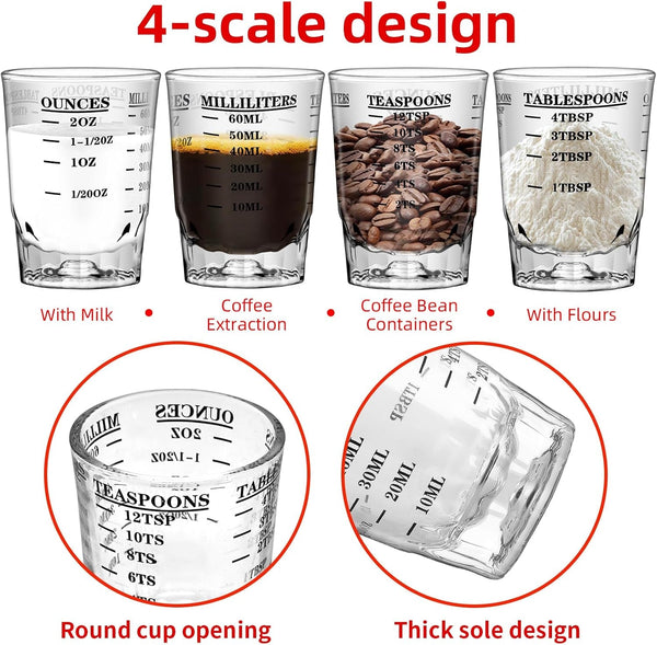 2 OZ 4 Features Shot Glasses Measuring Cup Liquid Heavy Glass Wine Glass Espresso Shot -Incremental Measurement Heavy 60ML (2, Black)4