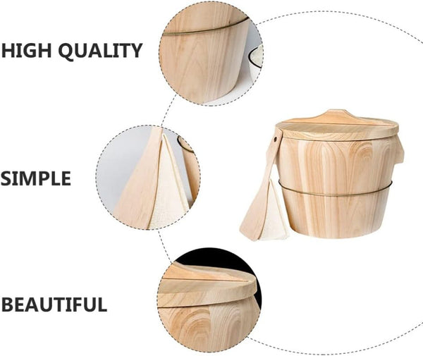 Wooden Rice Steamer Bucket Natural Chinese Material Steamed Rice Barrel with Lid Spoon Cloth and Iron Handles Removable Bottom for Even Cooking and Easy Cleaning 8.26 X 6.49 X 6.49 In8