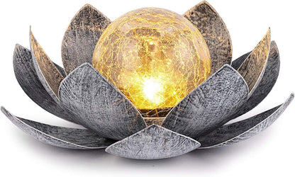 Solar Lights Outdoor Garden, Crackle Globe Glass Lotus Decor, Waterproof LED Metal Flower Decorations for Patio,Lawn,Walkway,Tabletop,Ground1