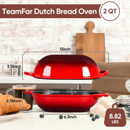 Enameled Cast Iron Bread Loaf Pan, 2 QT Oval Dutch Oven with Lid | for Sourdough Bread Baking, Enameled Meatloaf Loaf Baking Pan with Lid, Even Heat Distribution & Self-Basting, Red2