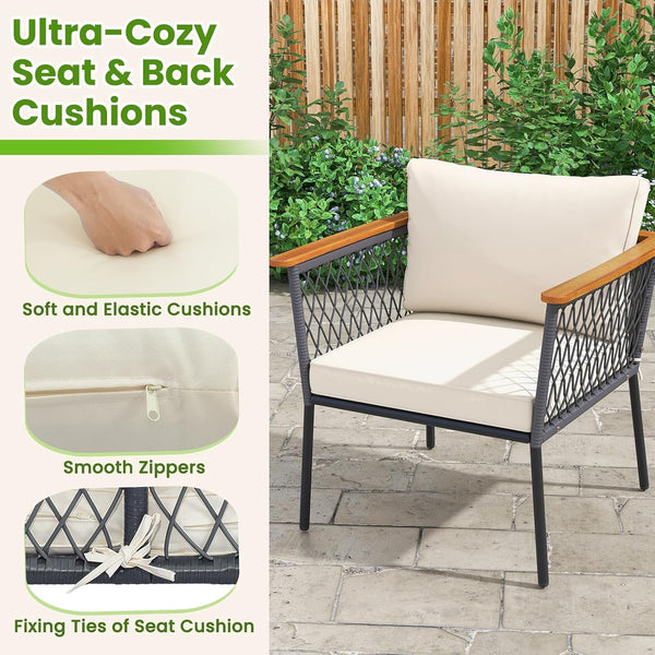 4 Piece Patio Furniture Set, Patiojoy Rattan Chair Set W/ 2-Tier Coffee Table, Acacia Wood Armrests & Tabletop, Soft Seat & Back Cushions, Outdoor Wicker Conversation Set7