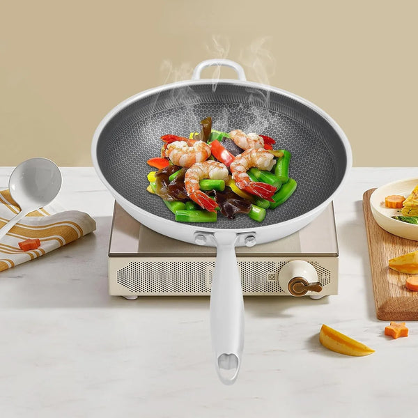 Stainless Steel Honeycomb Wok, Non-Stick Cooking Frying Pan with Lid, Stir-Fry Pan for Gas Stoves, Concave Induction, Ceramic, Electric Stoves (14.2 * 3.7In)7