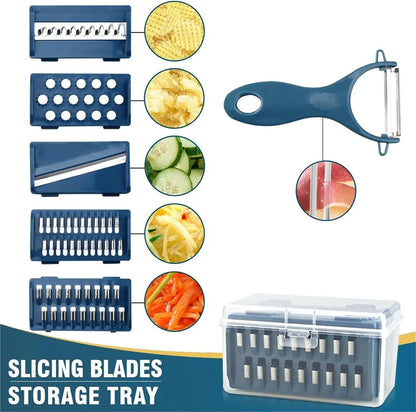 6 in 1 Vegetable Slicer Set with 5 Stainless Steel Blades Potato Peeler Carrot Grater Kitchen Tool with Container and Hand Guard6