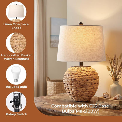 23’’ Rattan Table Lamp with Natural Woven Water Hyacinth Basket Base & Linen Drum Shade, Boho Farmhouse Bedside Lamp for Living Room Bedroom, Includes 3-Color Temperature LED Bulb3