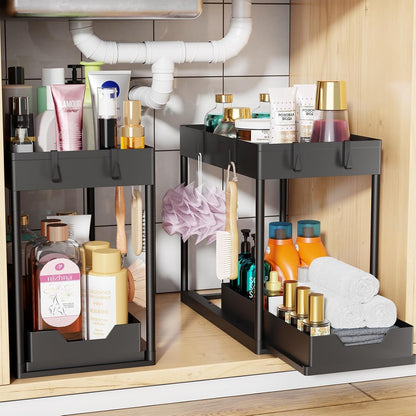 under Sink Organizer 2 Pack, Sink Pull-Out Sliding Storage Cabinet, 2-Tier under Shelf Organizer for Kitchen Bathroom, Black1