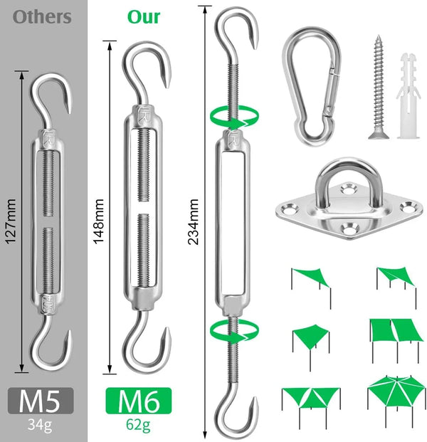 Sun Shade Sail Hardware Kit - 6 Inch 304 Stainless Steel Sunshades Canopy Installation Kit for Install Rectangle & Triangle Shade Sails Deck Garden Lawn Patio Outdoor Metal Sail Shade Hardware Kit2